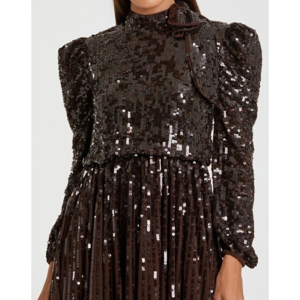 Mac Duggal 93642 Sequin Bow Shoulder Long Sleeve Midi cocktail Dress brown - Picture 6 of 16